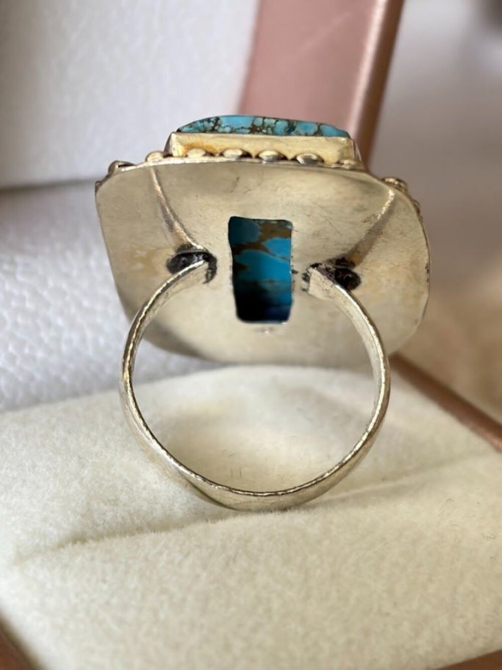 Tibetan Turquoise Rectangle Stone Statement Ring 925 Silver Plated - Size 7.5 - Picture 3 of 5